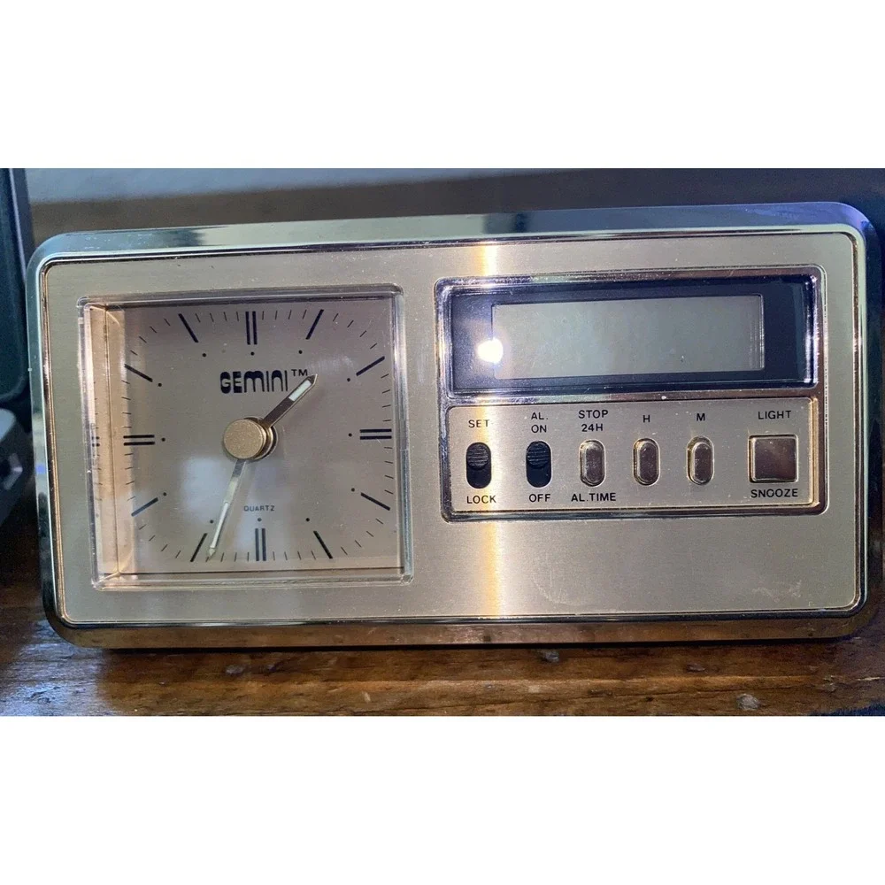 Vintage Traveling Mini Desk Travel Alarm LCD Quartz Clock Gemini - Untested